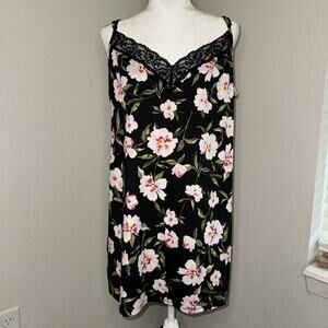 Joyspun Lace Trim Knit Chemise Slip Dress Black Pink Flowers Women's XL Coquette